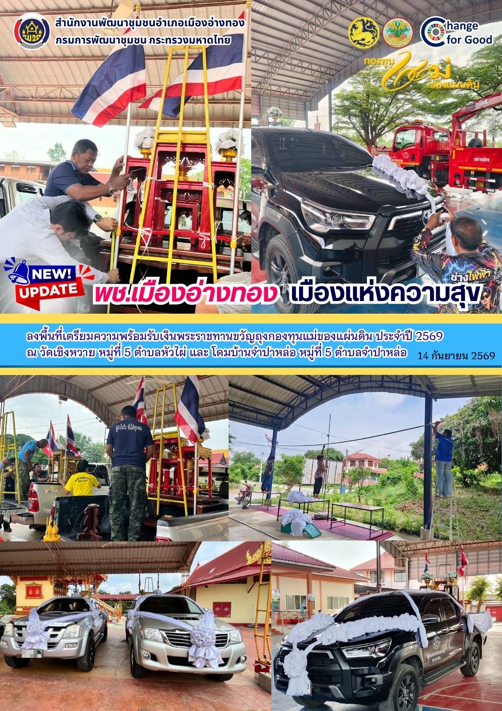 “ พช.เมืองอ่างทอง เมืองแห่งความสุข ” ลงพื้นที่ เตรียมความพร้อมรับเงินพระราชทานขวัญถุงกองทุนแม่ของแผ่นดิน ประจำปี 2569 ณ วัดเซิงหวาย หมู่ที่ 5 ตำบลหัวไผ่ และ โดมบ้านจำปาหล่อ หมู่ที่ 5 ตำบลจำปาหล่อ 