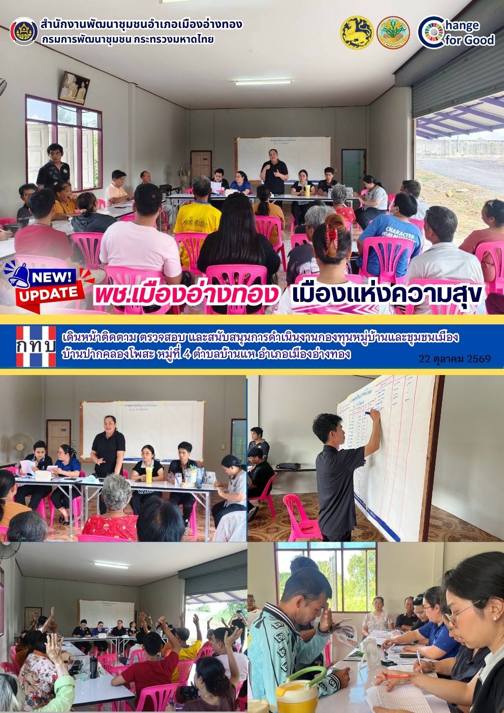 “พช.เมืองอ่างทอง เมืองแห่งความสุข” เดินหน้าติดตาม ตรวจสอบและสนับสนุนการดำเนินงานกองทุนหมู่บ้านและชุมชนเมืองบ้านปากคลองโพสะ หมู่ที่ 4 ตำบลบ้านแห อำเภอเมืองอ่างทอง