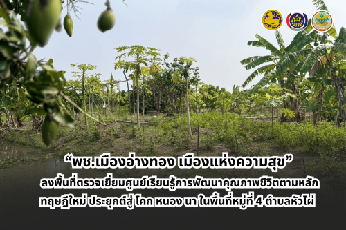 “พช.เมืองอ่างทอง เมืองแห่งความสุข” ลงพื้นที่ตรวจเยี่ยมศูนย์เรียนรู้การพัฒนาคุณภาพชีวิตตามหลักทฤษฎีใหม่ ประยุกต์สู่ โคก หนอง นา ในพื้นที่หมู่ที่ 4 ตำบลหัวไผ่